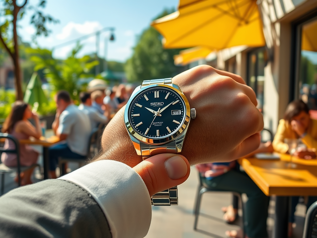 Un ceas Seiko elegant, purtat pe o mână, în fundal oameni relaxându-se la o terasă cu umbrele galbene.