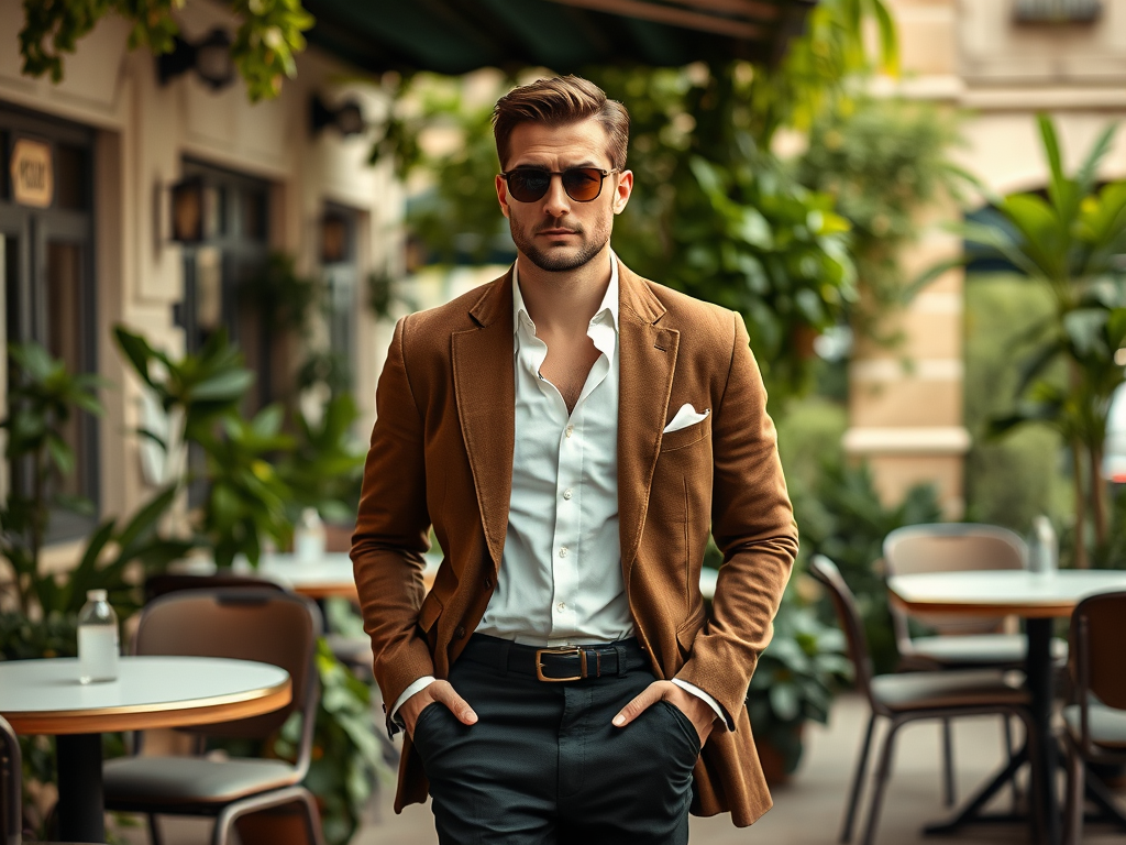 Bărbat îmbrăcat elegant, cu o jachetă maro și ochelari de soare, stând într-un restaurant cu plante verzi.