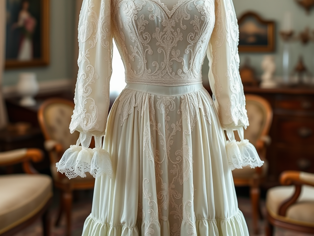 Rochie elegantă din mătase cu detalii brodate și mâneci lungi, expusă într-un decor clasic.
