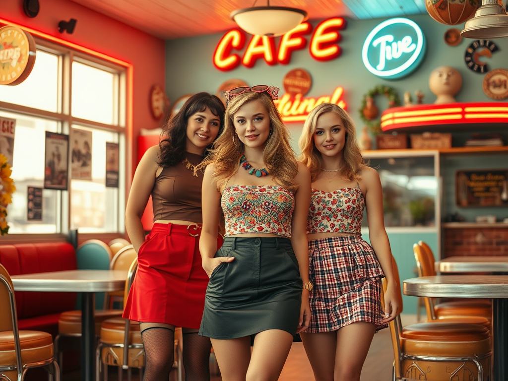 Trei femei tinere, îmbrăcate în stil retro, zâmbesc într-un café colorat cu un decor vibrant.