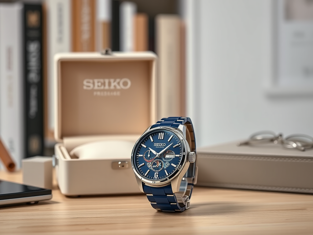 Ceas Seiko pe un birou, cu cutie elegantă și cărți în fundal. Design rafinat cu detalii intricate.