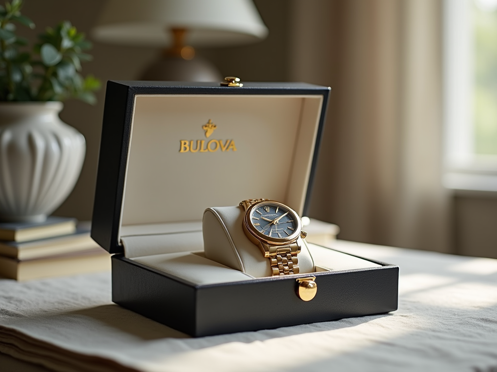 Ceas de mână Bulova auriu în cutie elegantă pe o masă, în lumina soarelui.