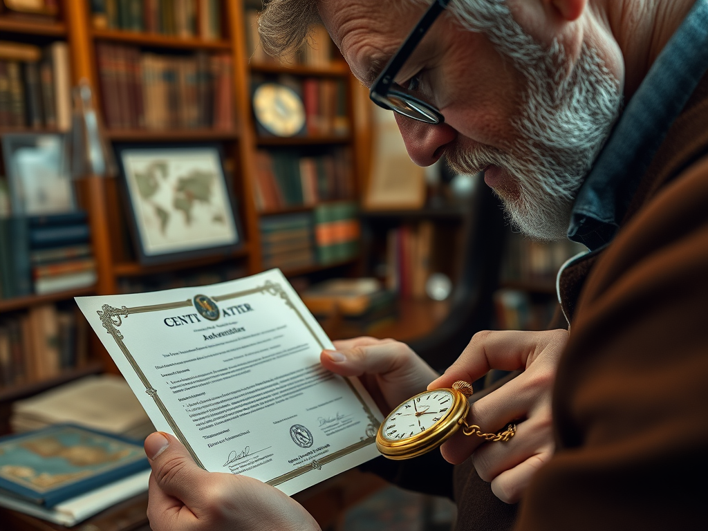 Bărbat cu barbă albă citind un certificat, în timp ce ține un ceas de buzunar, într-o bibliotecă plină de cărți.