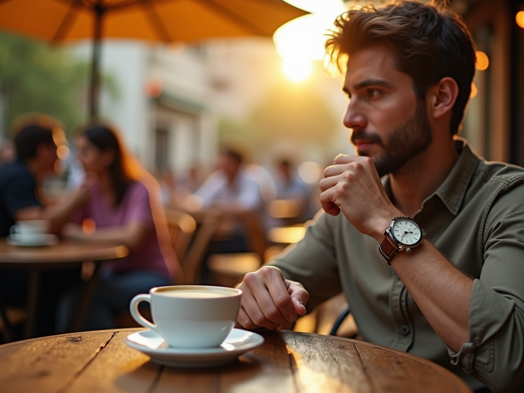 Bărbat gânditor la o terasă de cafea, cu o ceașcă de cafea în față, seară.