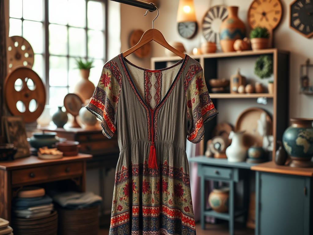 O rochie cu mâneci scurte, prezentată într-un decor rustic, plin de obiecte decorative și vase.